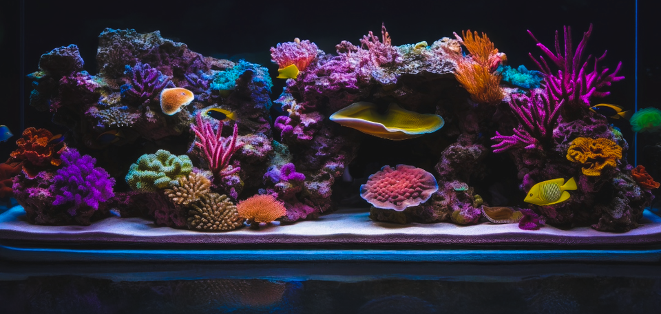 A colourful aquarium full of plants fish and decorative rocks.