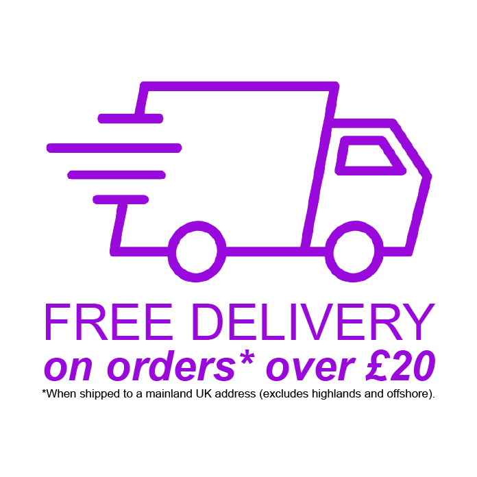 Purple graphic of a delivery truck with text promoting free delivery on orders over £20.