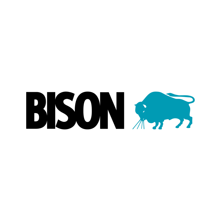Logo of Bison featuring the word "BISON" in bold black and a blue buffalo silhouette.